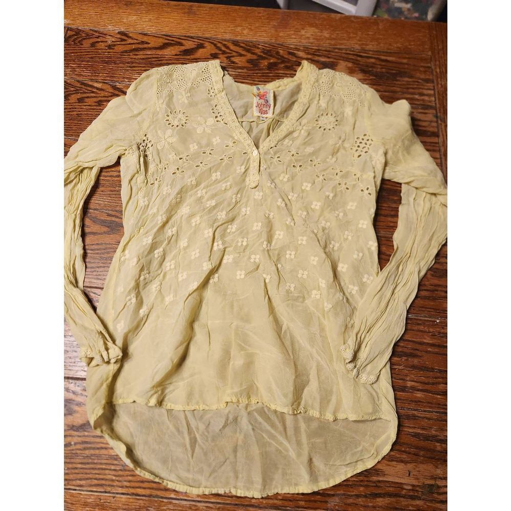 Johnny Was yellow cupra rayon embroidered blouse sz Small